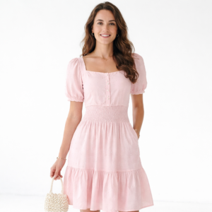 Women’s Baby Pink Cotton Pearl Beads Frock